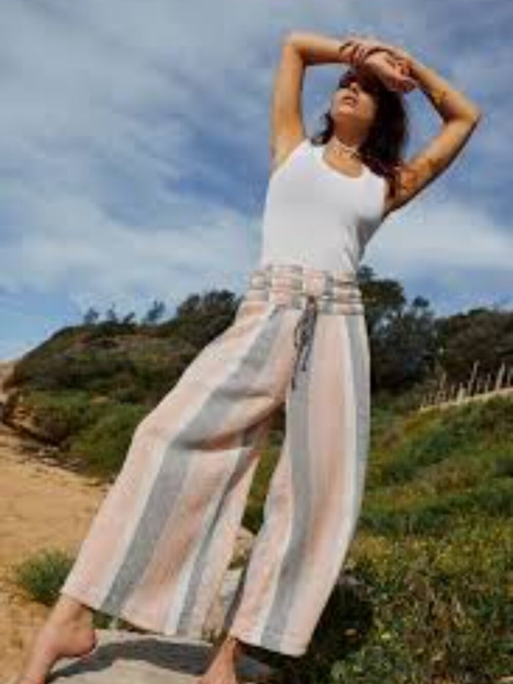 Free People Hamilton Wide Leg Pants Stripe Palazzo Ankle Crop Pink Size XS